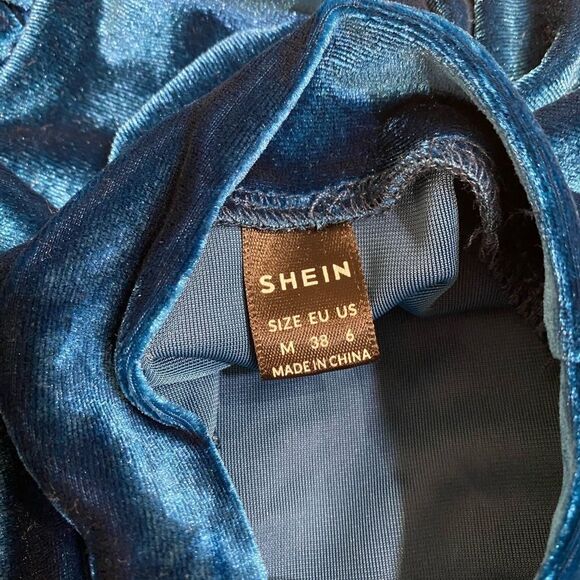 SHEIN blue turquoise velvet long sleeve puff shoulder belted short dress M NWOT - Picture 5 of 9